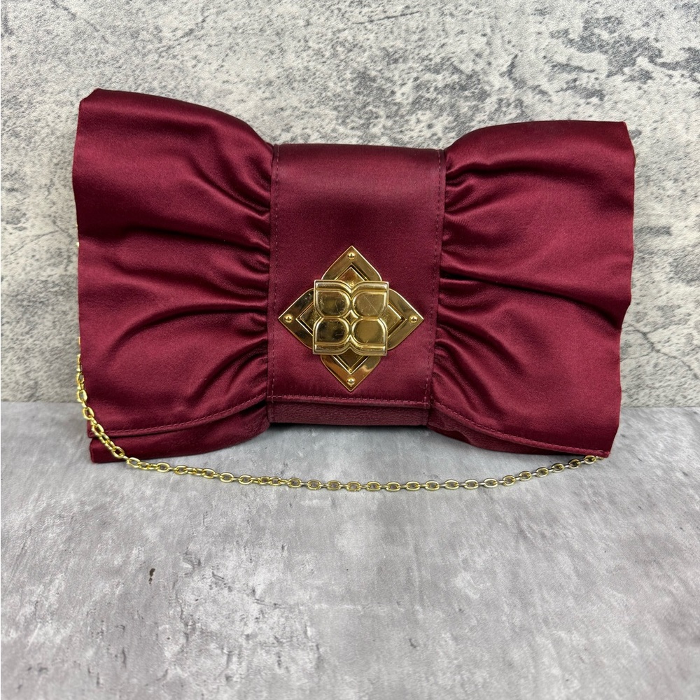 BCBG Maxazria Mini Bow Ruffle Satin Wristlet Clutch Handbag Red
